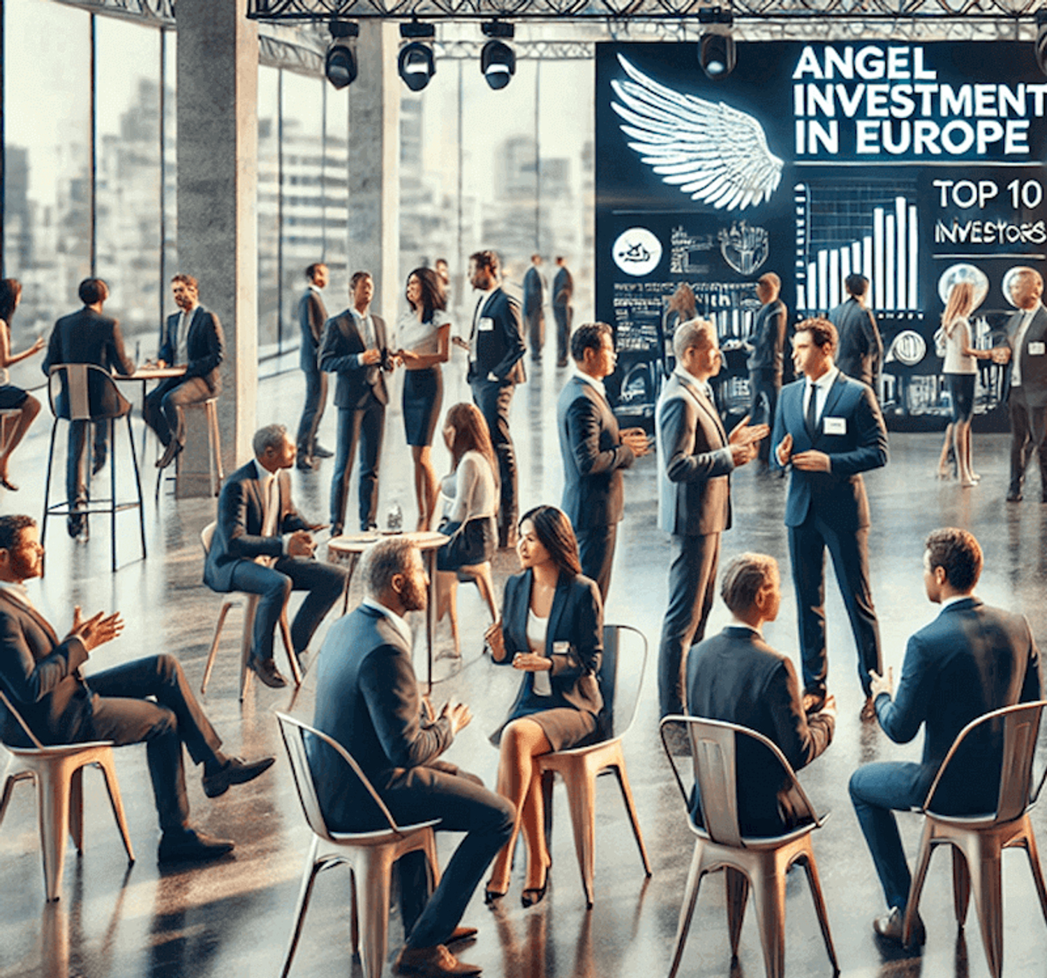 Famous Angel investors networking and discussing at a top conference event