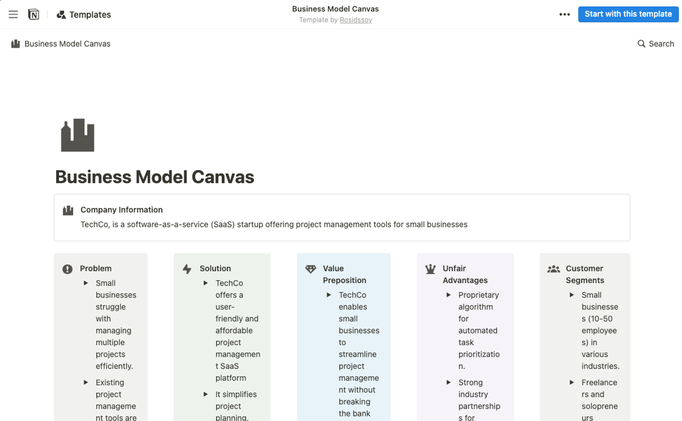 Notion template for startup