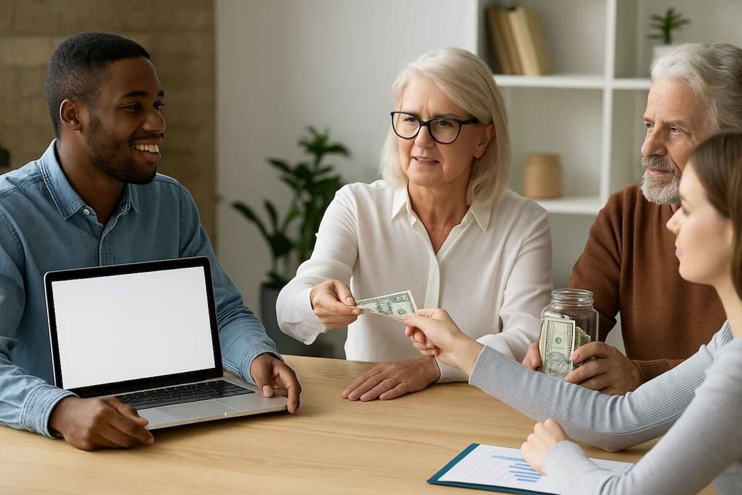 Friends Family members in a meeting room handing funding money to a hopeful startup founder in a round