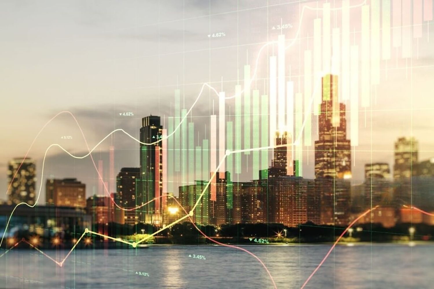 A modern European city skyline drawn to by investors with futuristic AI and innovation-themed graphics overlay