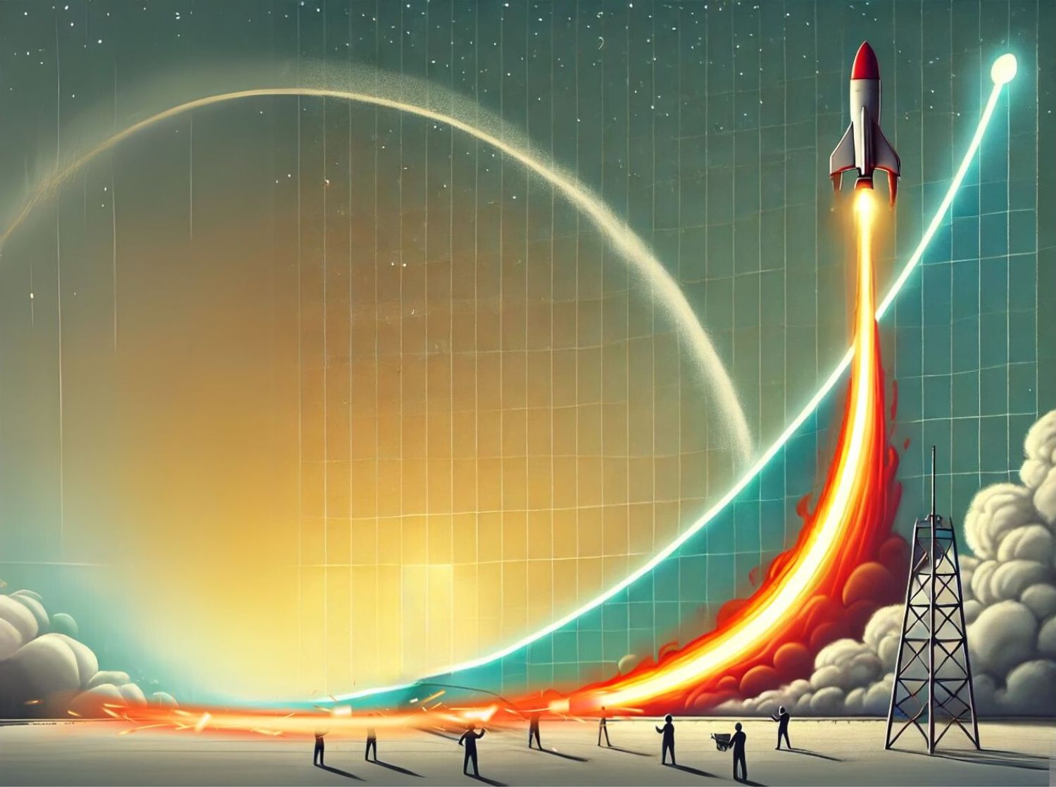 Rocket flying through the Reversed Hockey Stick Curve graph