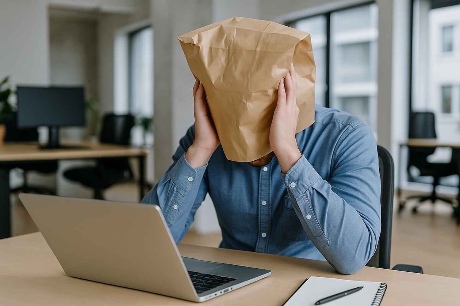 Founder hides face with paper bag at desk, showing stress and self-doubt in startup life, indicating imposter syndrome
