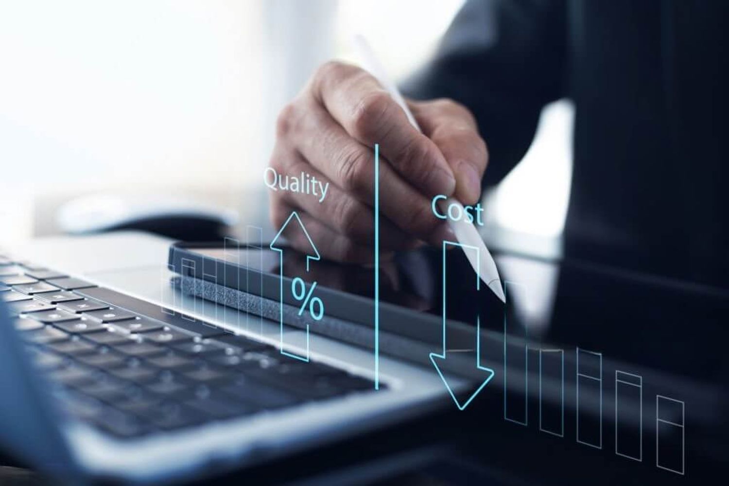 A person working on a laptop on the product pricing strategy with virtual price and cost elements displayed on the screen