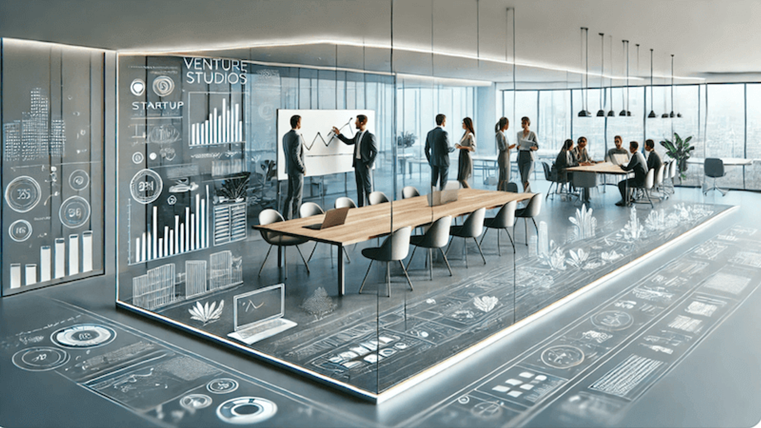 Modern boardroom of a venture studio, showcasing what it is; collaboration and innovation