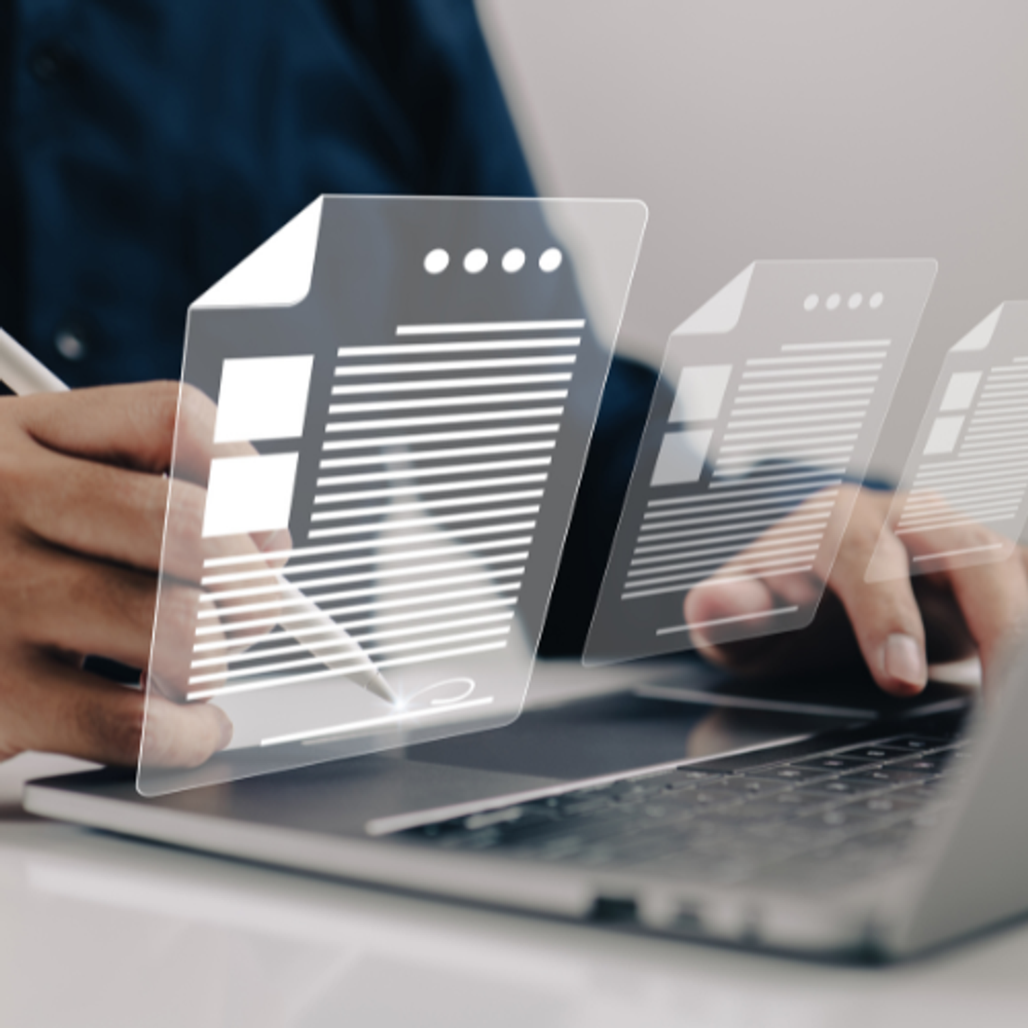 A person typing on a laptop with floating digital file icons surrounding the screen, working on an investment thesis