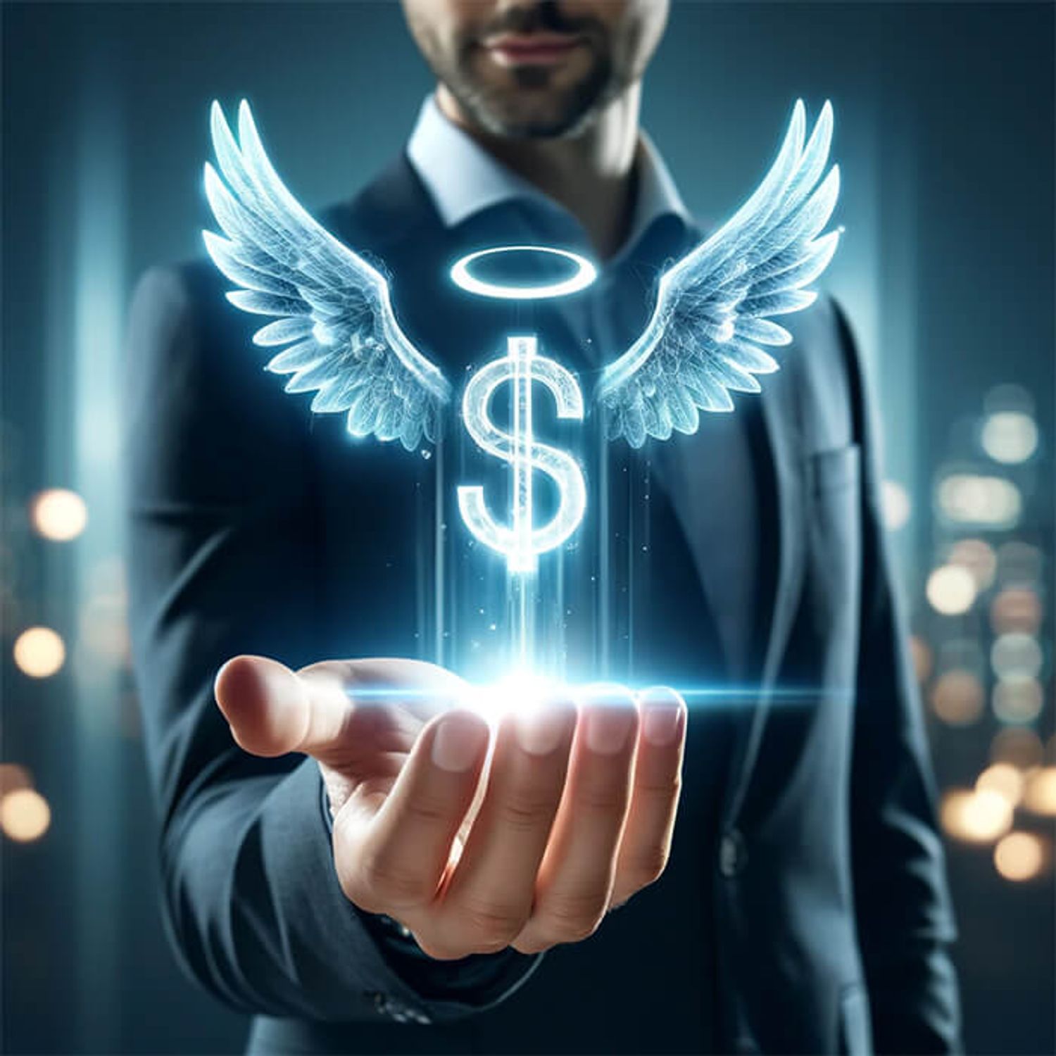 An entrepreneur holding a glowing, holographic icon representing angel investors, planning to show startups how to find them