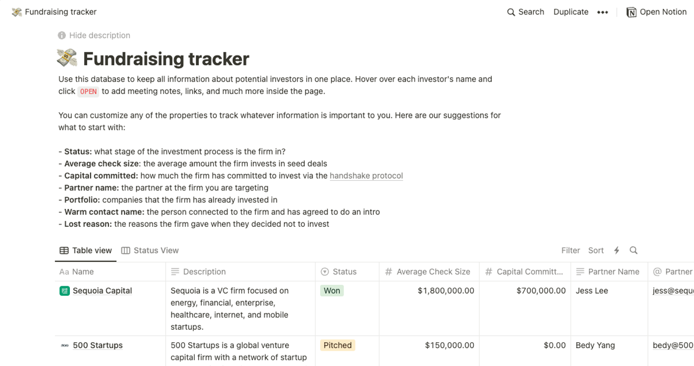 Free Notion template for startups