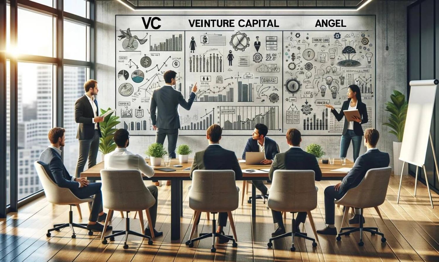 Diverse entrepreneurs presenting their startup ideas to investors, illustrating the difference between venture capitalists and angel investors