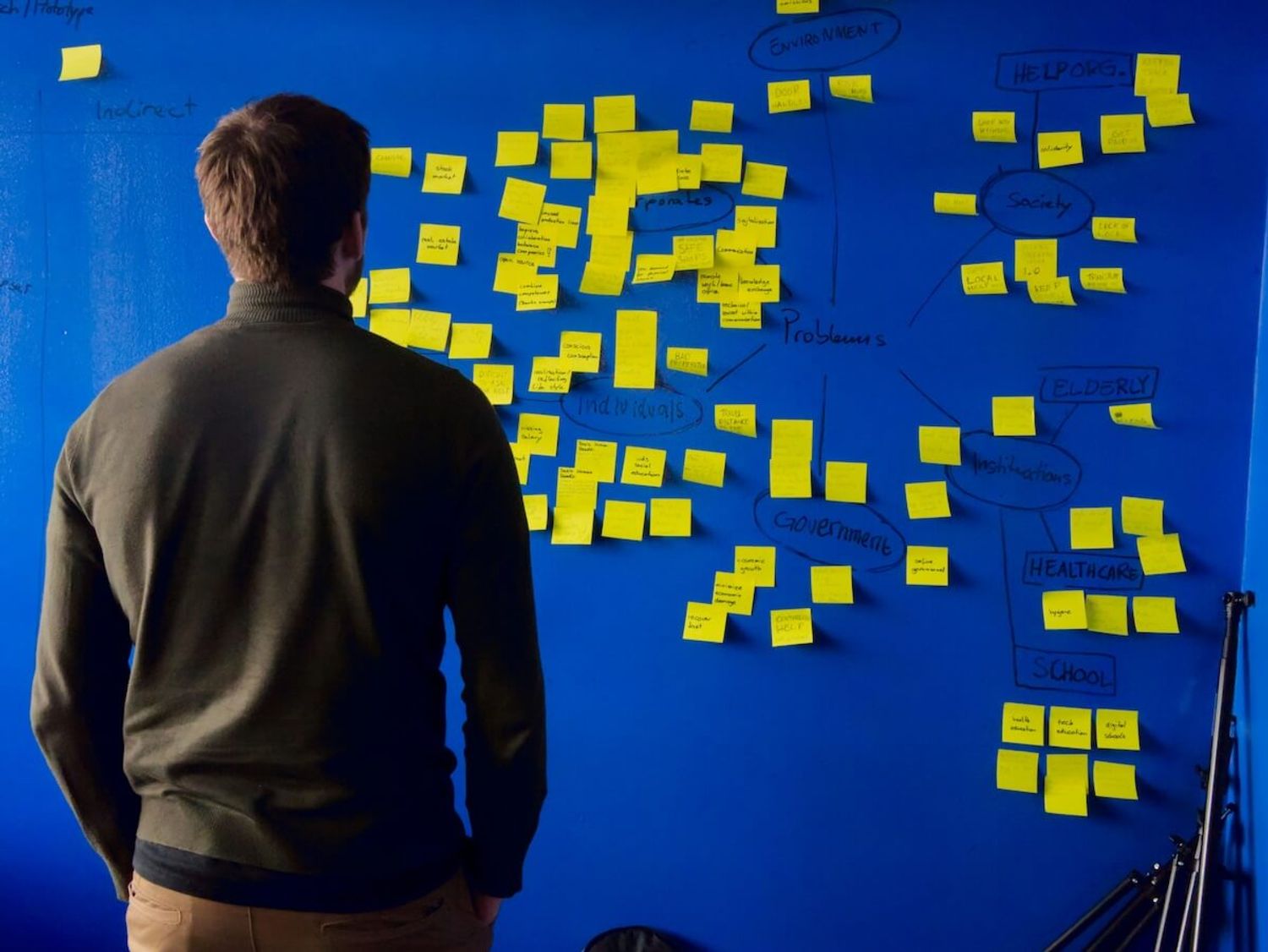 A person stands in front of a board covered with colorful sticky notes, deep in brainstorming using tools techniques and templates