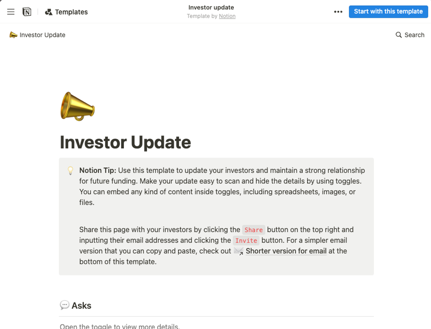 Notion template for startups