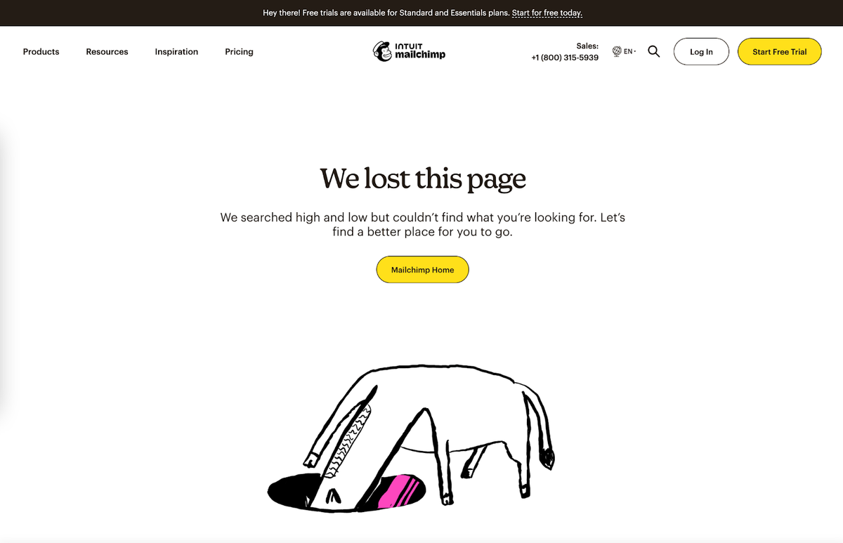 404 error webpage with a donkey cartoon