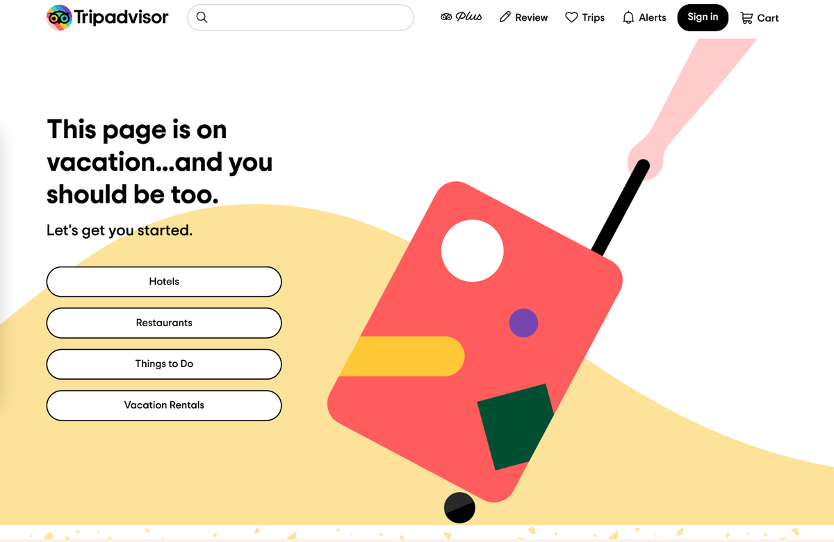 404 error webpage with luggage