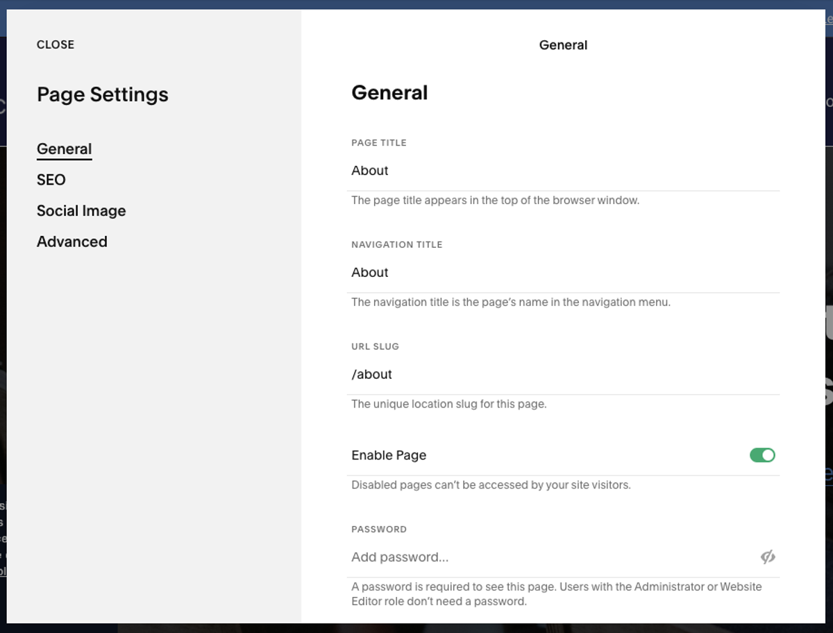 Squarespace page settings