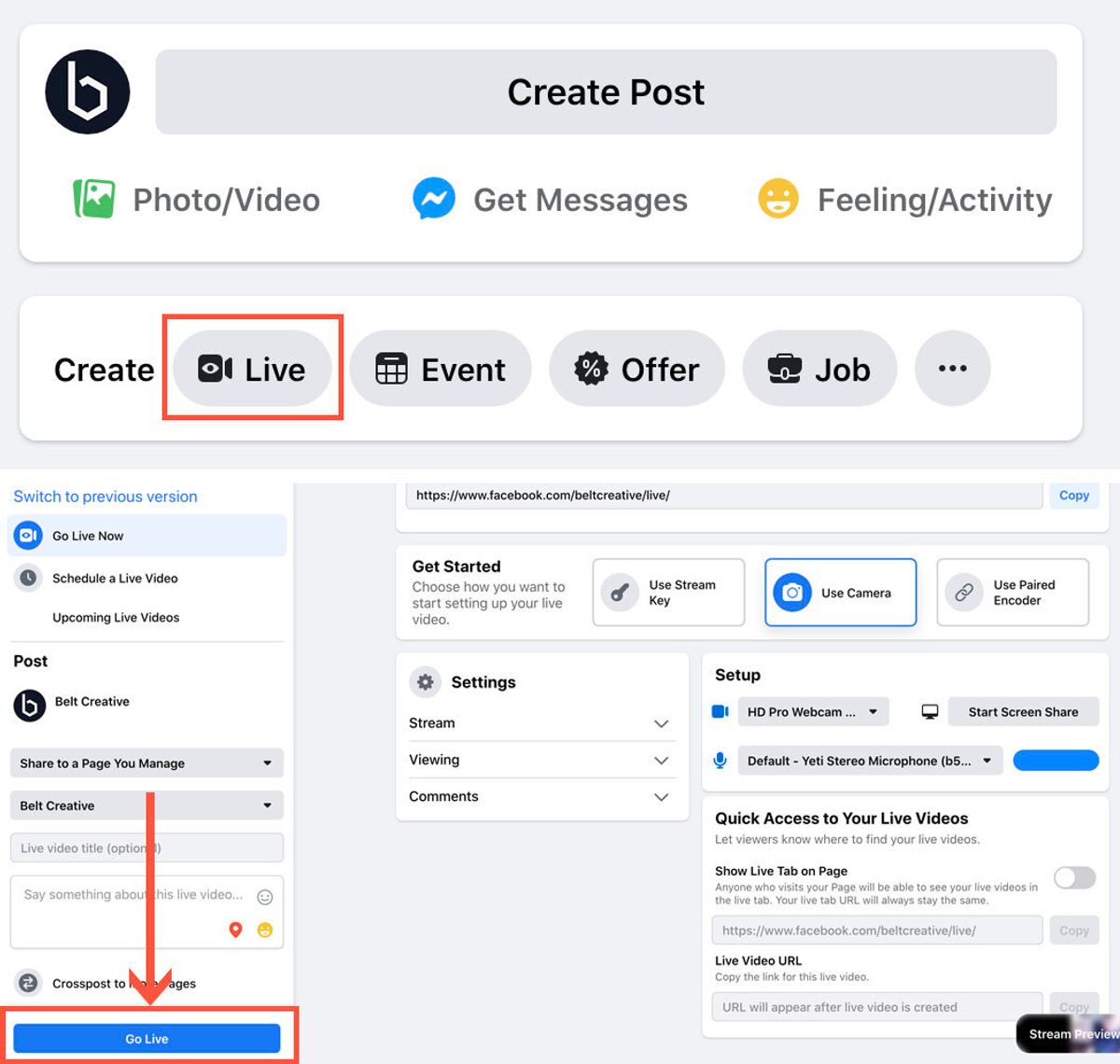 screenshot of Facebook, showing where to find the "Live" button