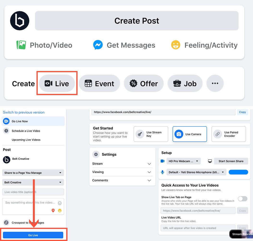 screenshot of Facebook, showing where to find the "Live" button