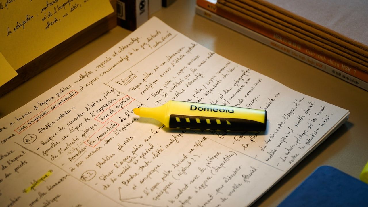 Yellow highlighter resting on handwritten study notes with key terms circled, representing prioritising important topics for exam preparation
