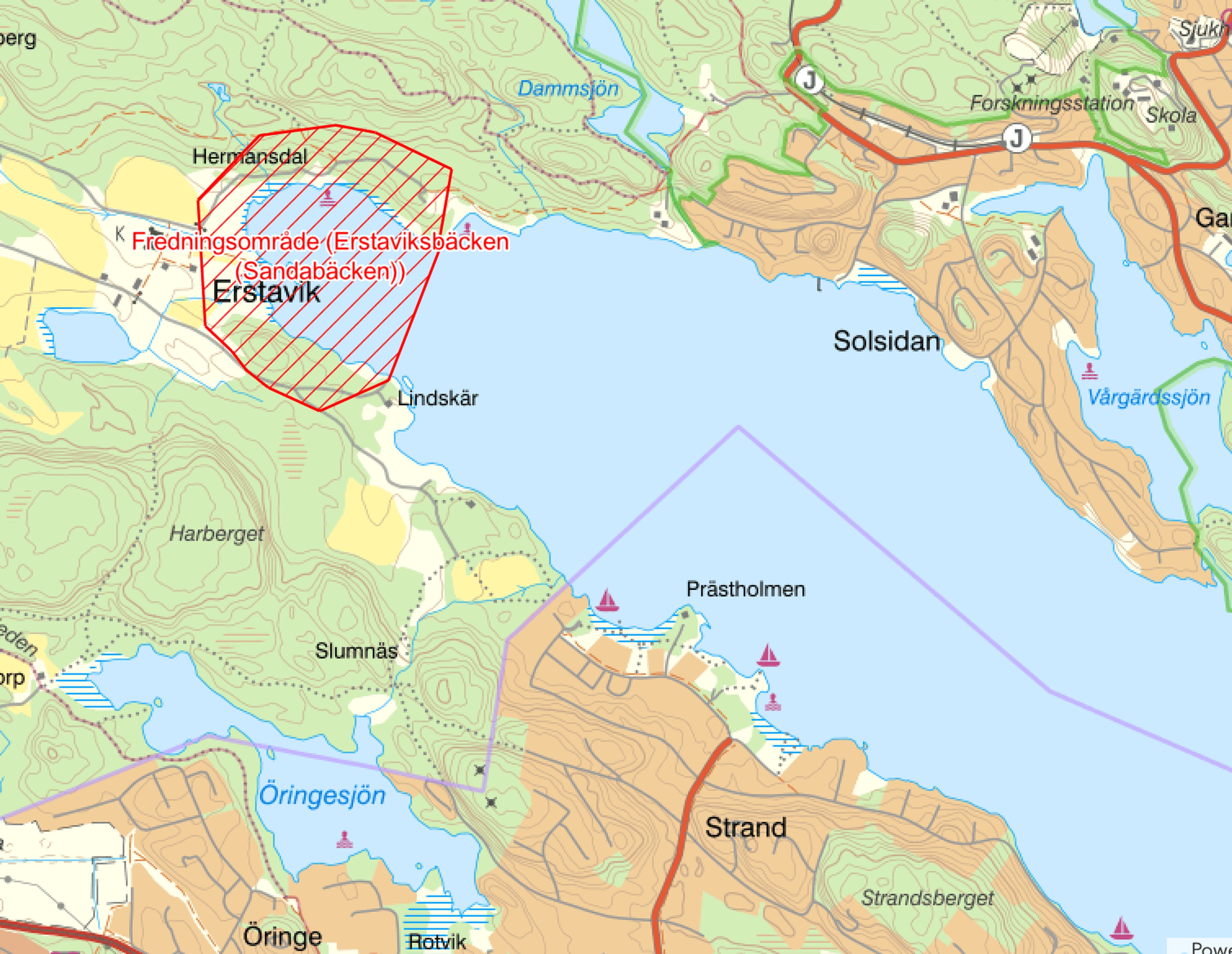 Karta över fredningsområdet vid Erstaviksbäcken