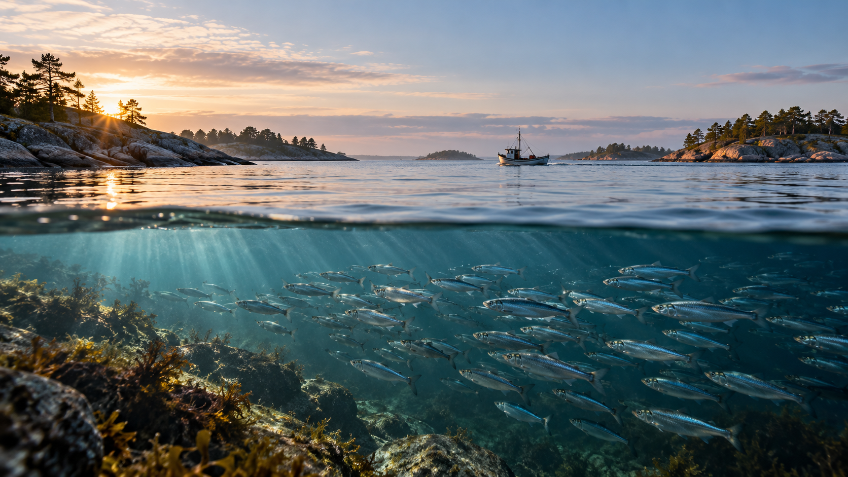 Fiskebåt i Stockholms skärgård med ett stim av strömming under vattenytan.