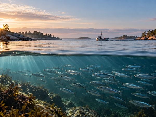 Fiskebåt i Stockholms skärgård med ett stim av strömming under vattenytan.