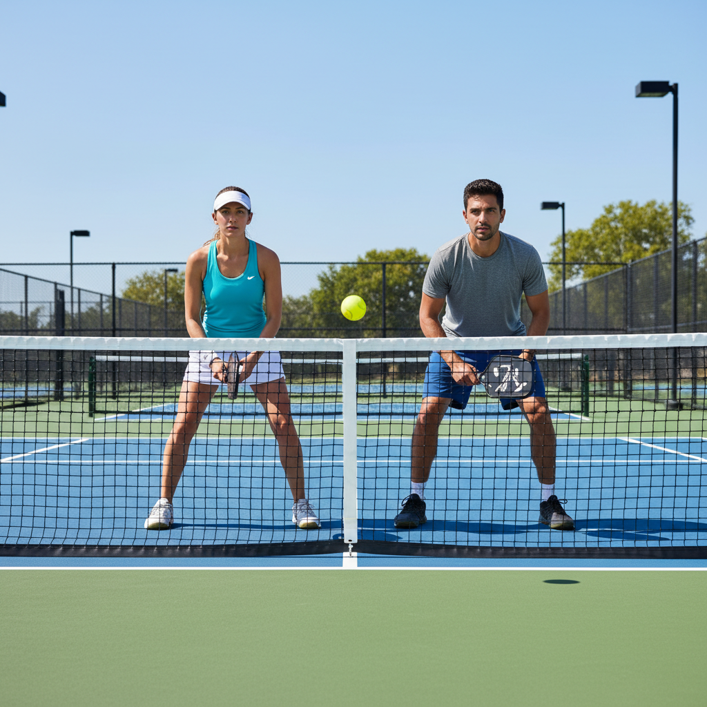 Pickleball doubles partners strategically positioned at kitchen line, communicating to cover middle court shot