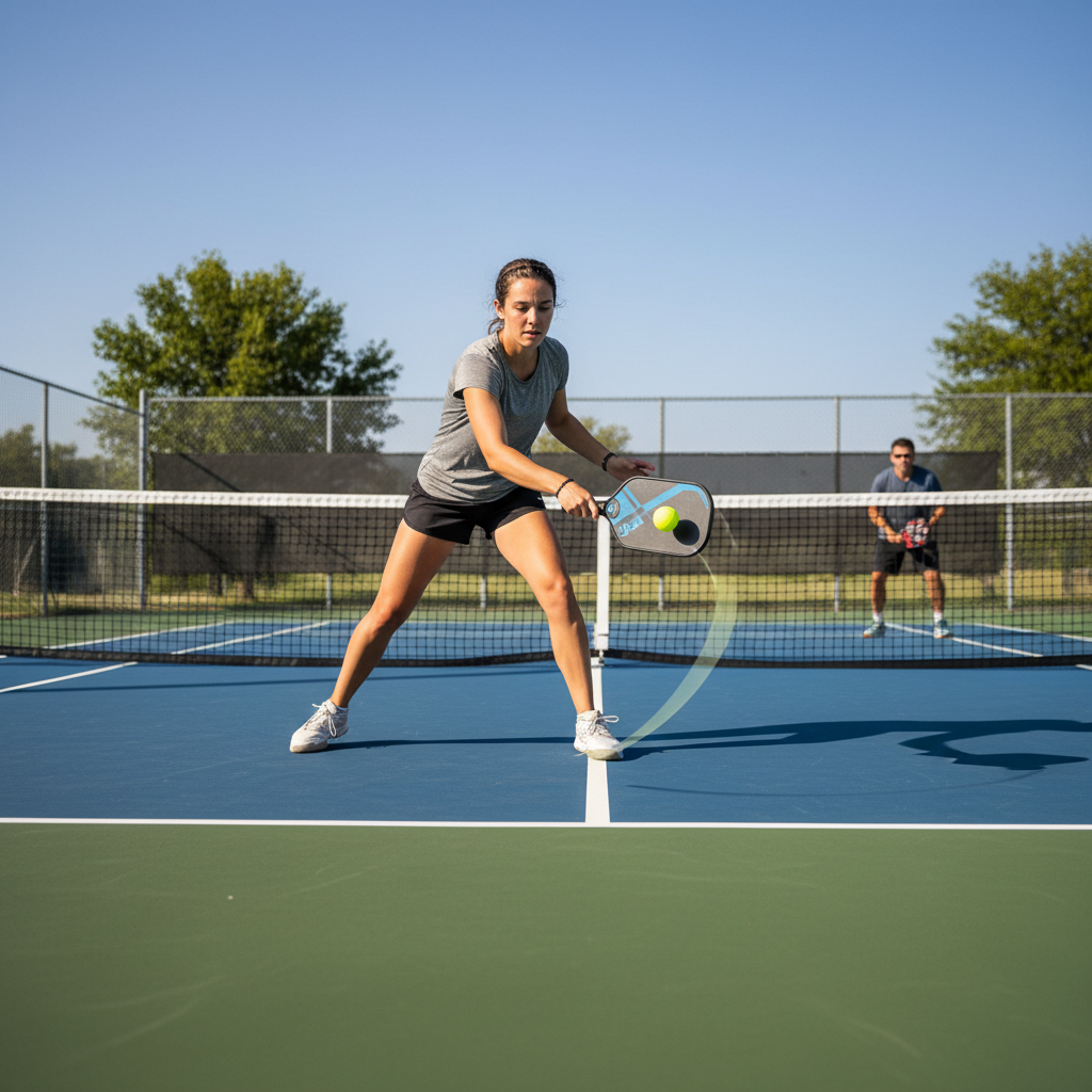 Pickleball player executing precise third shot drop technique from baseline, paddle angled to land softly in kitchen zone