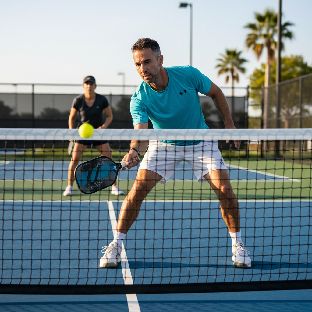 Intermediate pickleball player demonstrating precise third shot drop technique near net with perfect paddle contact and body 