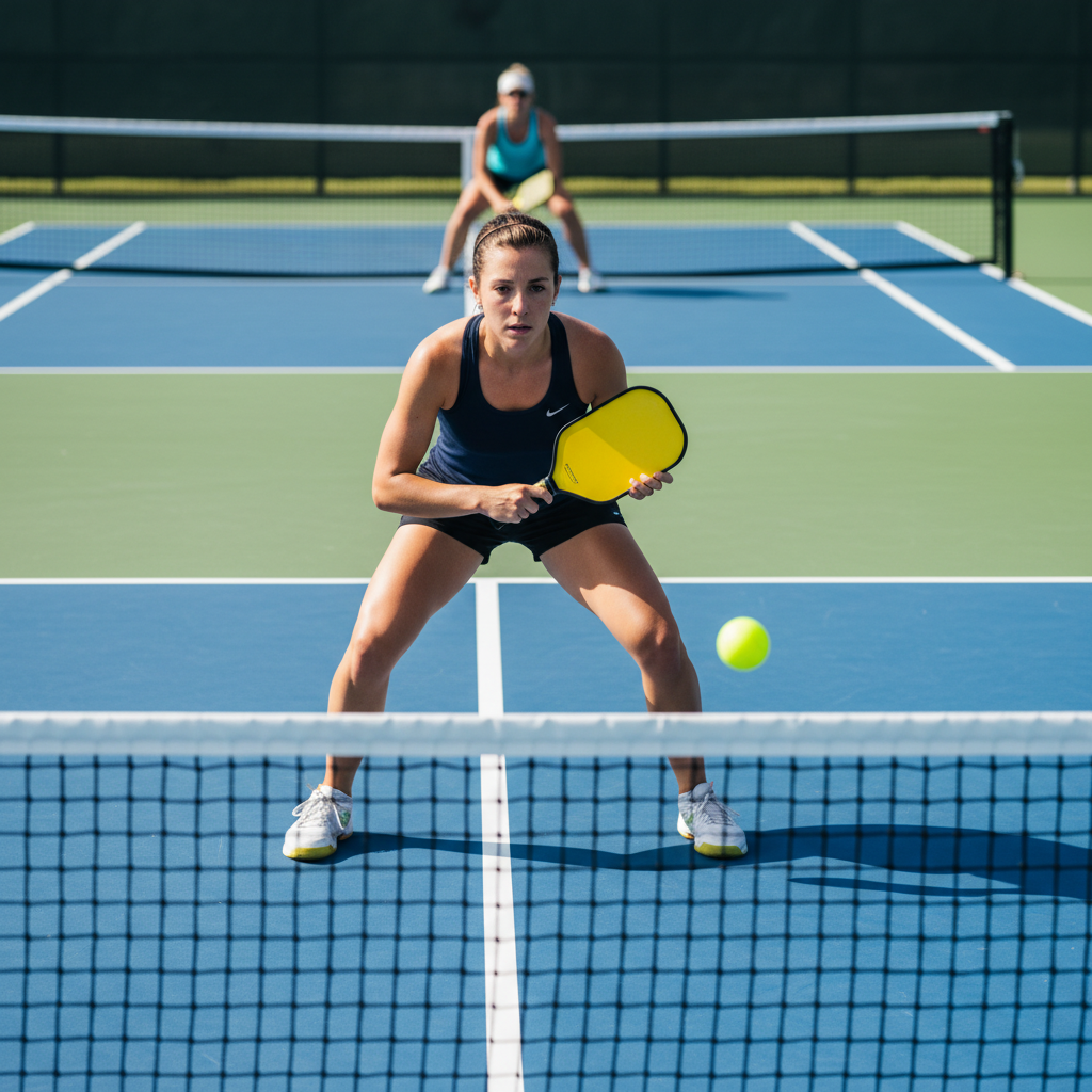Pickleball player demonstrating precise chest-high dink stance during triangle drill technique