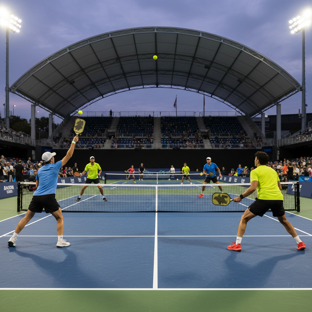 Competitive pickleball tournament with diverse players battling on multiple courts during intense match play