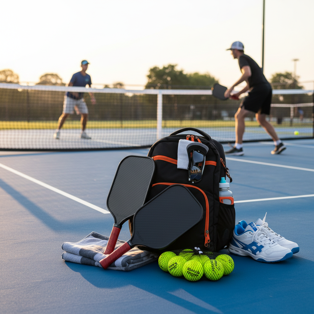 Pickleball tournament gear setup with professional paddle and backup equipment ready for competition