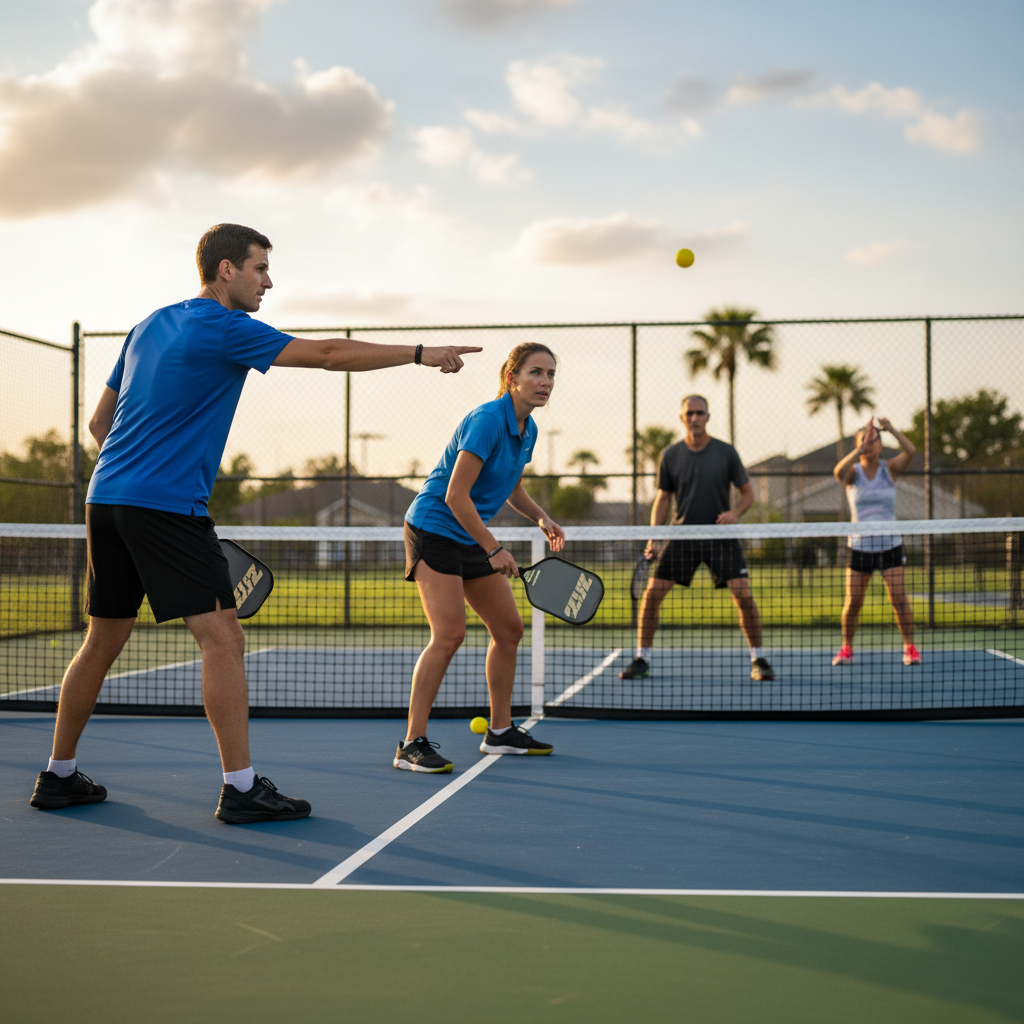 Intermediate pickleball players demonstrating court communication and strategic doubles positioning with hand signals