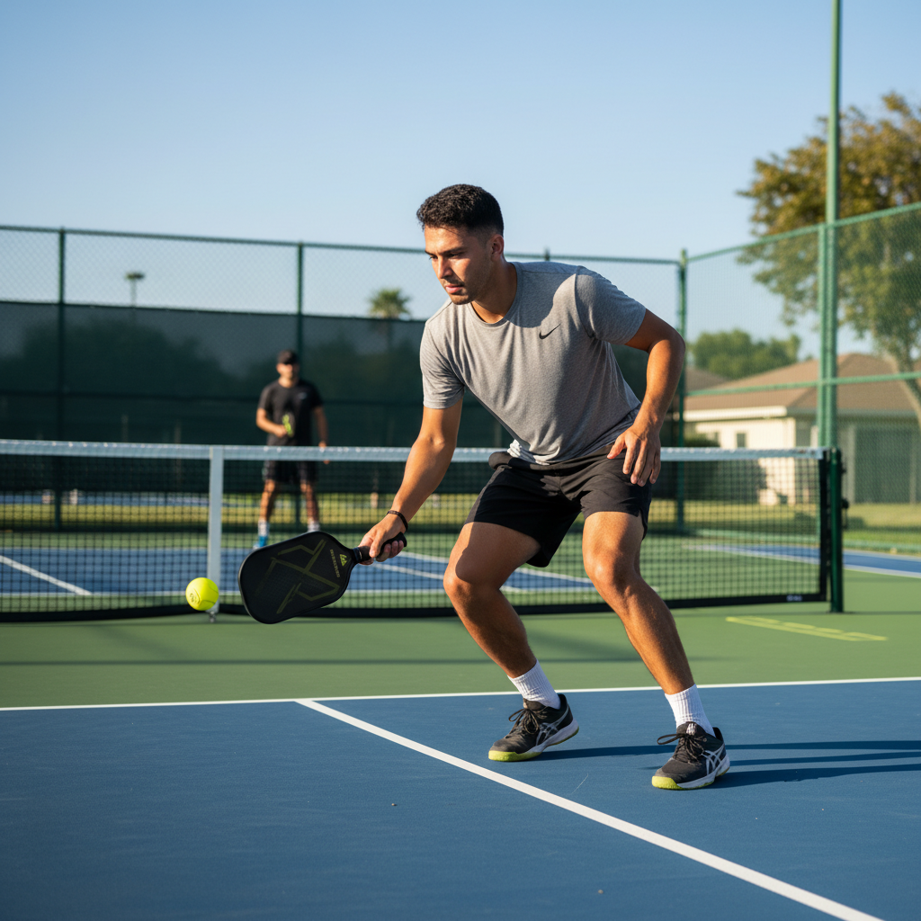 Pickleball player demonstrating lateral shuffle drill with precise footwork and ready stance on court