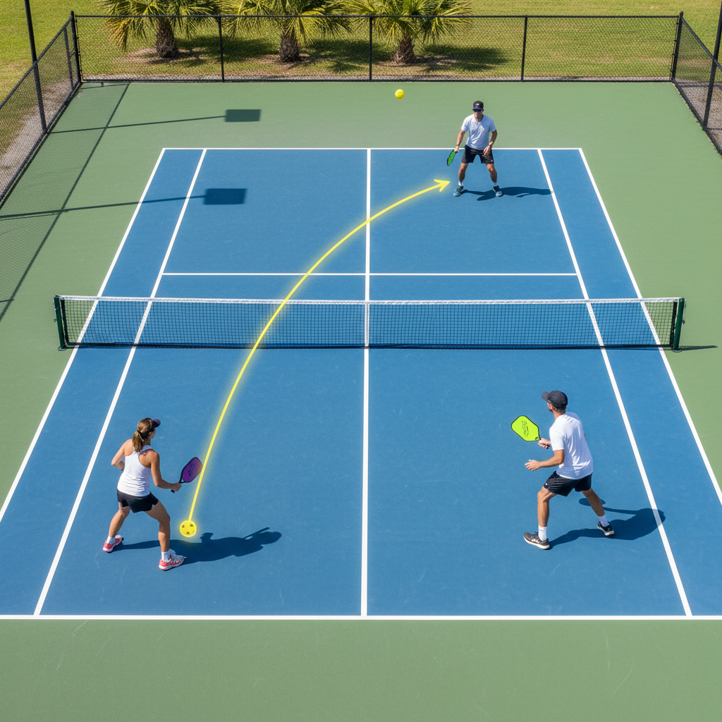 Pickleball player executing precise crosscourt dink shot targeting opponent's left kitchen corner