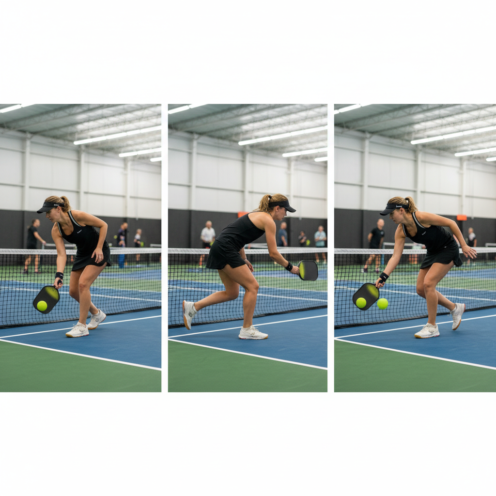 Pickleball player demonstrating triangle dink drill footwork, showing precise weight transfer and strategic court positioning