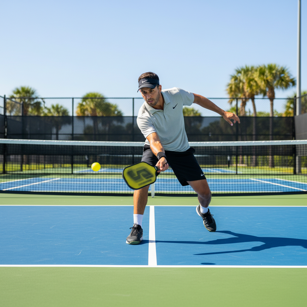 Pickleball player executing powerful baseline drive shot with proper form and technique
