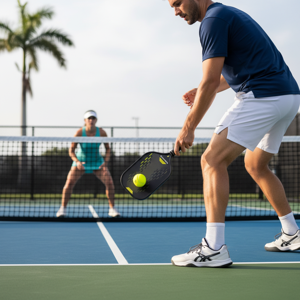 Pickleball paddle angle guide showing optimal third shot drop technique with correct 15-20 degree positioning