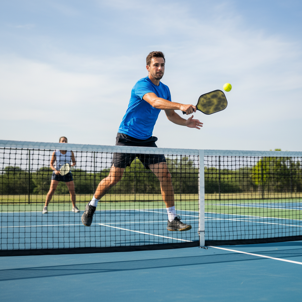 Pickleball player executing a defensive block shot with precise paddle positioning against a hard-hitting opponent