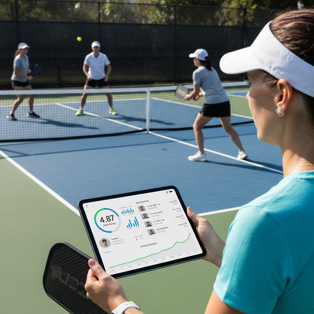 DUPR pickleball rating dashboard showing player performance metrics and match history tracking progress