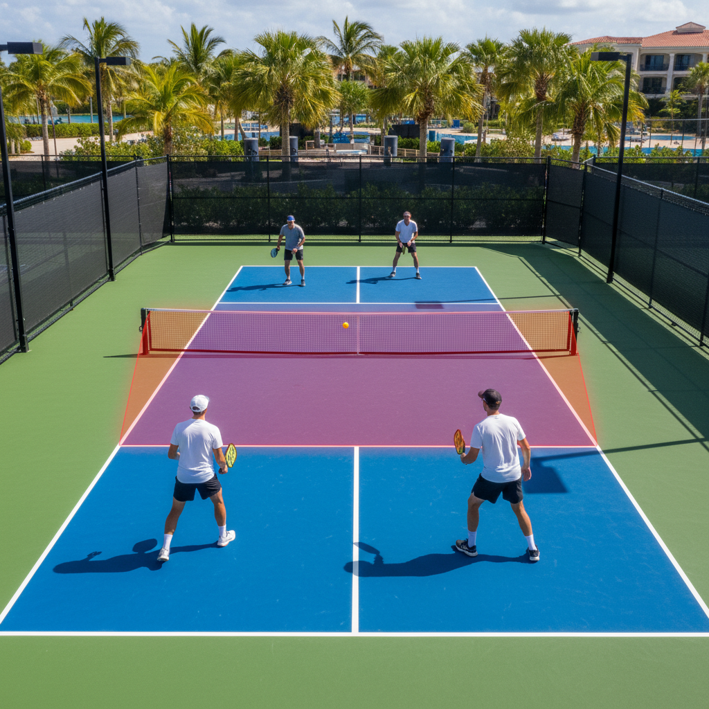 Pickleball court overhead view showing strategic player positioning in the critical transition zone near the non-volley line