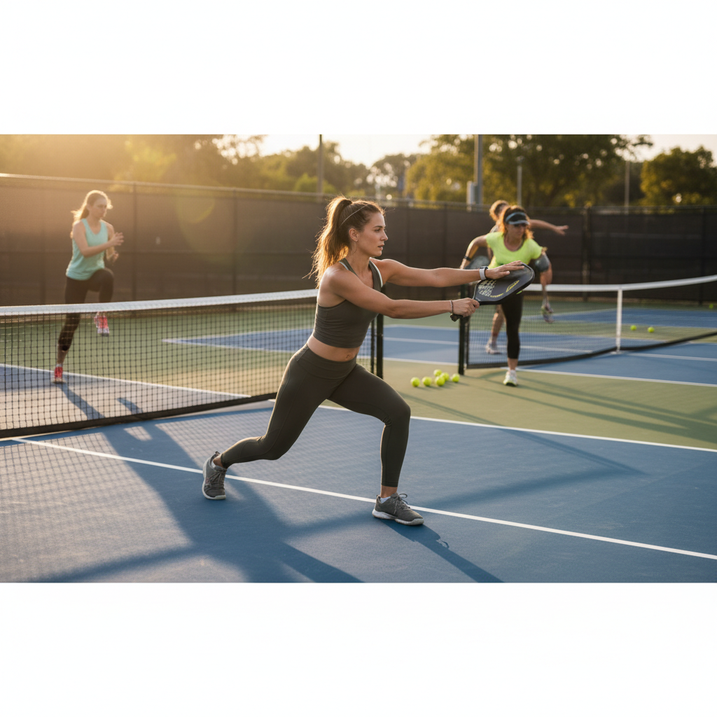 Pickleball player doing dynamic warm-up stretches to prepare for tournament play, demonstrating flexibility and athletic read