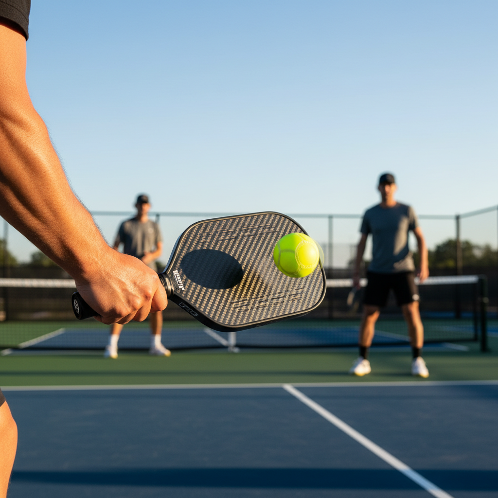 Carbon fiber pickleball paddle surface with textured grip design, showcasing advanced spin-enhancing micro-ridges for precisi