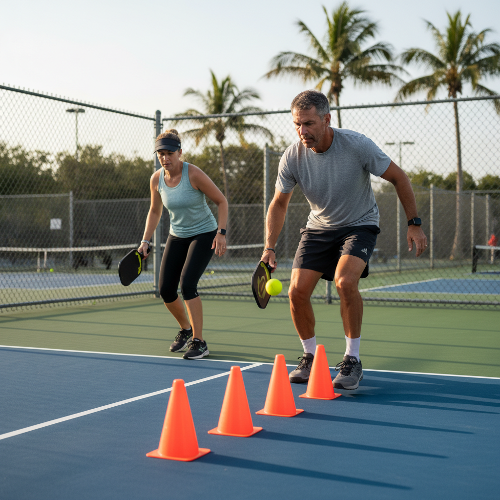 Pickleball footwork drill with cones demonstrating agility, shuffle steps, and positioning for intermediate players