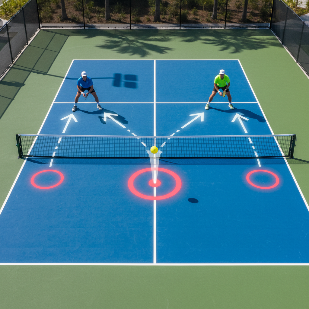 Overhead pickleball court diagram showing triangle dink drill zones near the kitchen line for strategic shot placement