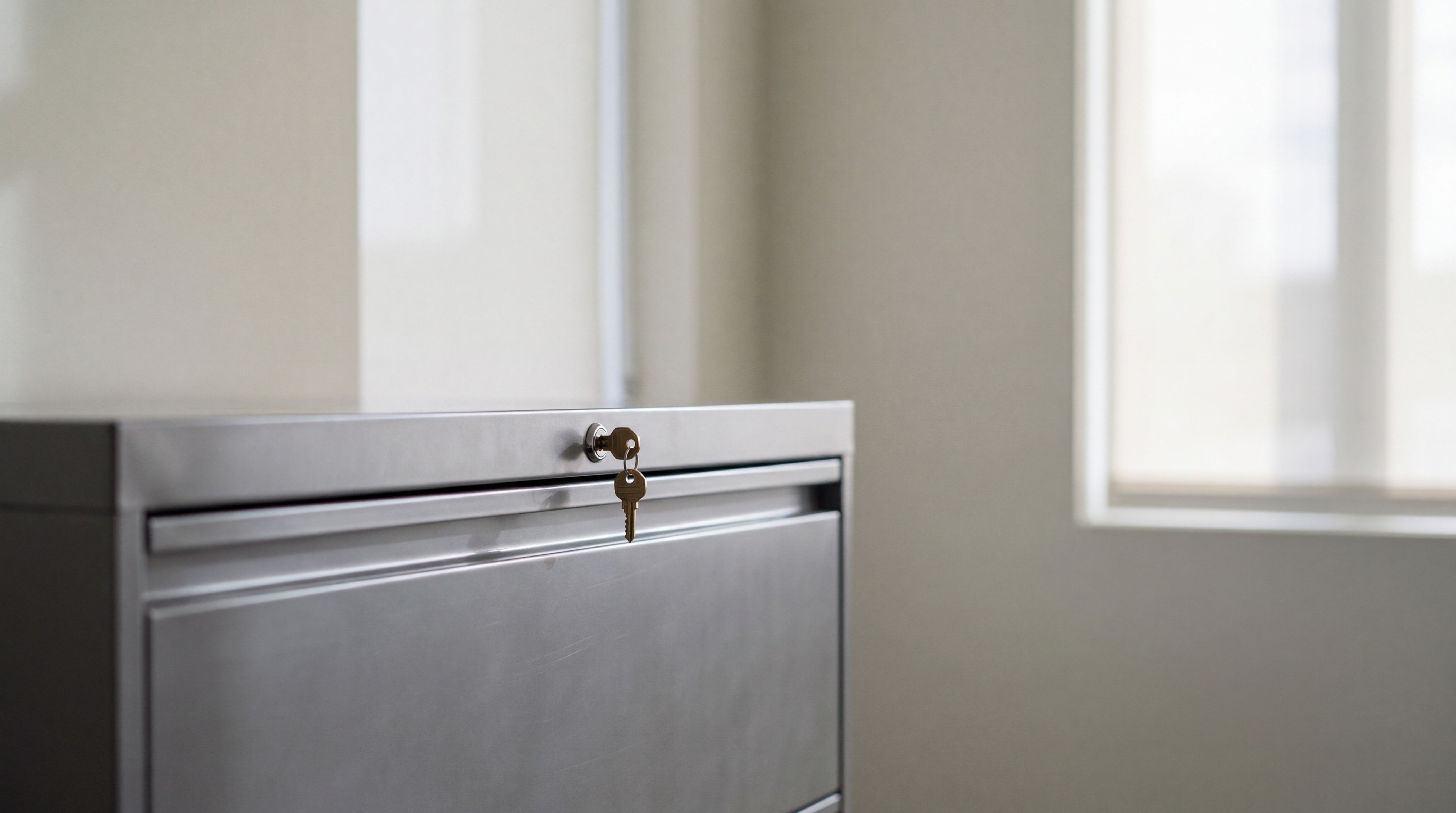 A steel file cabinet with its top drawer locked and a small key in the lock, in soft morning light.