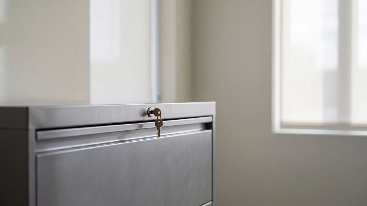 A steel file cabinet with its top drawer locked and a small key in the lock, in soft morning light.