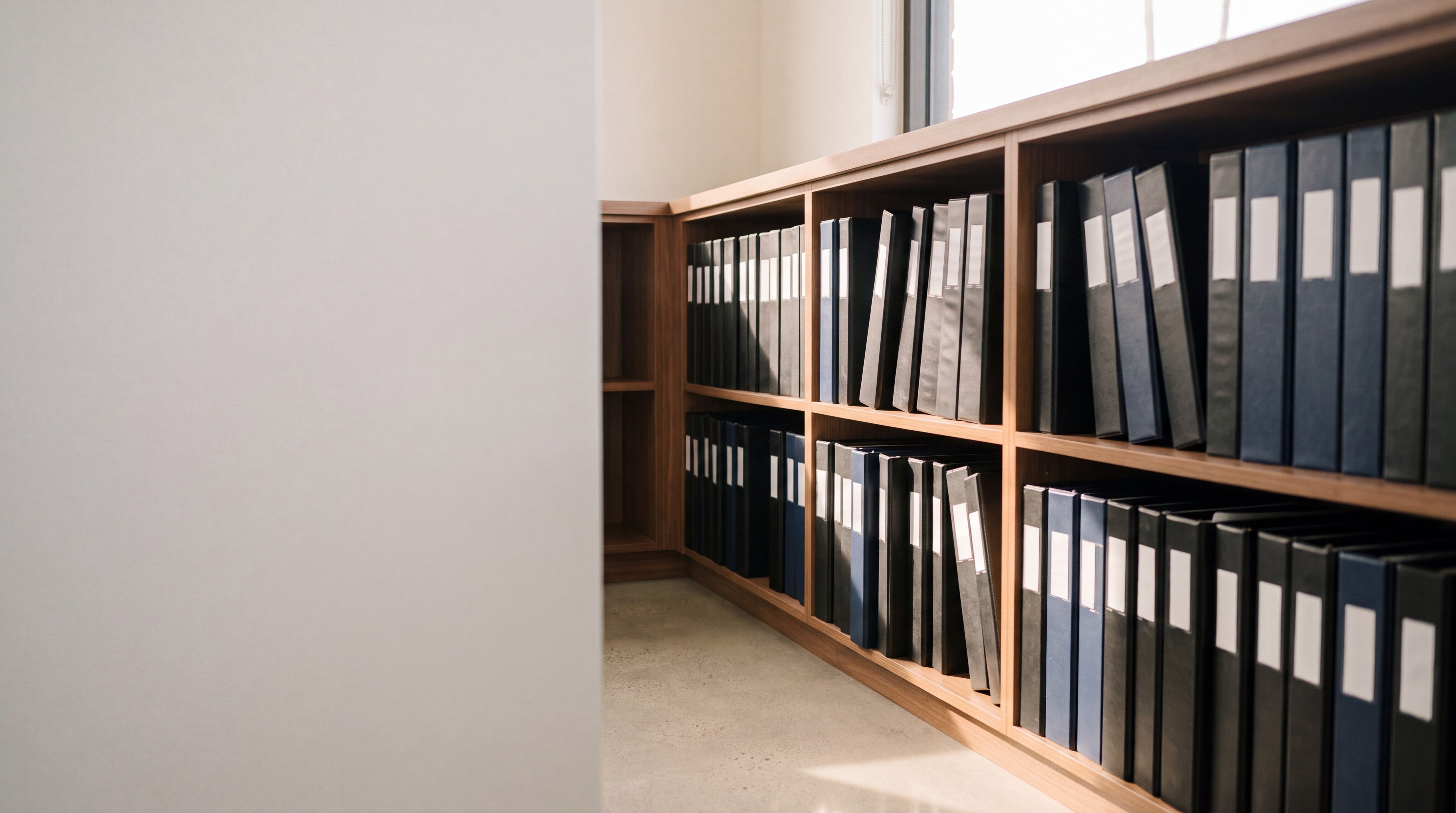 Rows of black and navy binders with blank spines on wood shelving, lit by late afternoon window light.