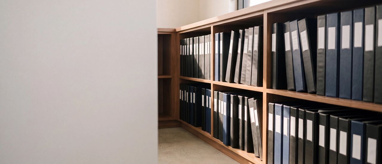 Rows of black and navy binders with blank spines on wood shelving, lit by late afternoon window light.