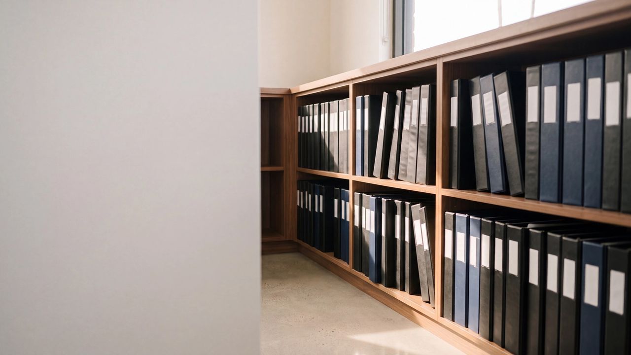 Rows of black and navy binders with blank spines on wood shelving, lit by late afternoon window light.