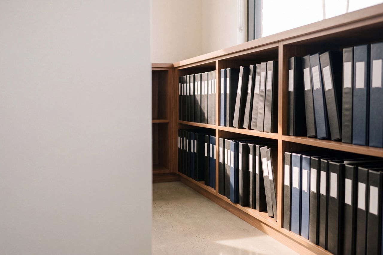 Rows of black and navy binders with blank spines on wood shelving, lit by late afternoon window light.