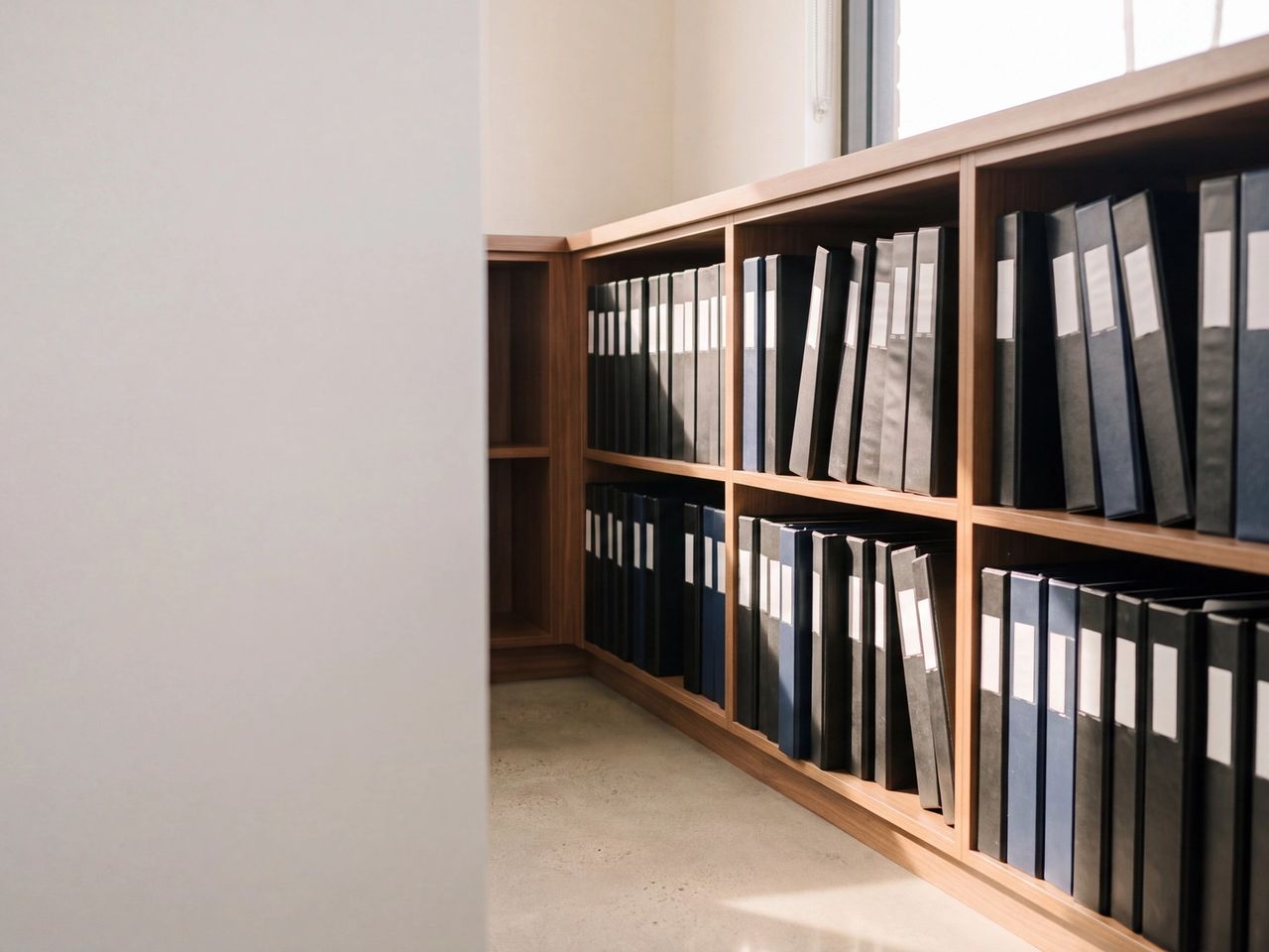 Rows of black and navy binders with blank spines on wood shelving, lit by late afternoon window light.