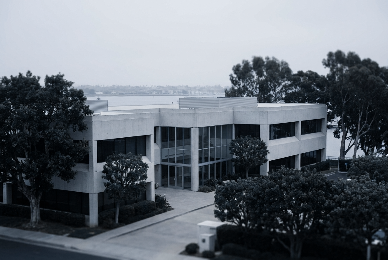 A low-rise Southern California office building on the water, seen through mature trees.